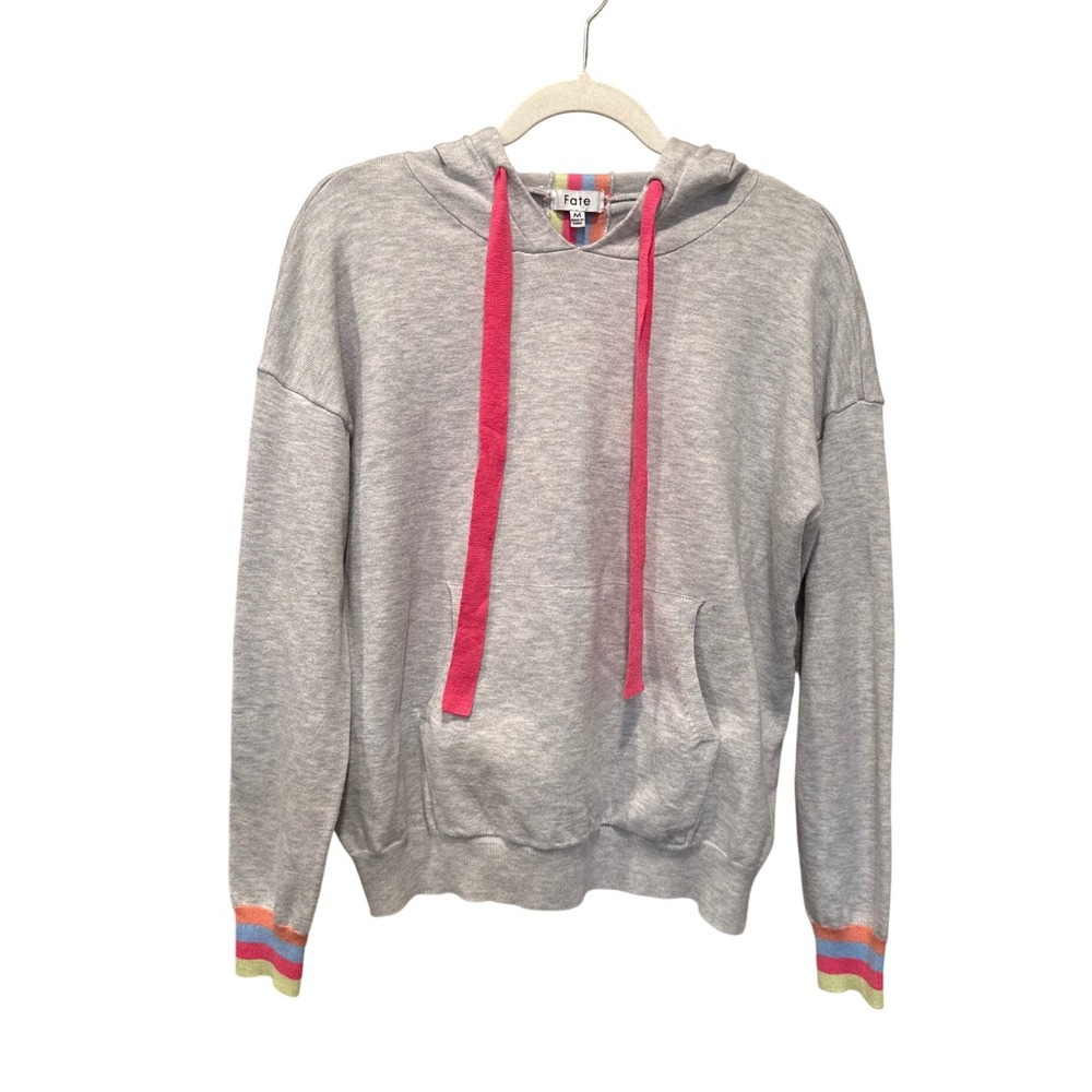 Fate Sherbet Striped Knit Lightweight Sweater Hoodie Womens Sz M Gray Preppy